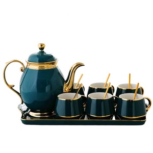 Best Luxury British Green Color Gilding Kitchen Accessories Porcelain Tea Cups <b>Set</b> With Tray - Product Image 1