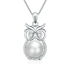 Fashion 925 Sterling Silver Sparkling CZ Diamond Owl Freshwater Single Big Pearl Pendant Necklace