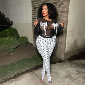 Sexy <strong>See</strong> <strong>Though</strong> Two Pieces Pants Set With Bow Long Sleeve Mesh Crop <strong>Top</strong> and Point Print Legging Pants - Product Image 4