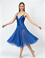 Costume de danse contemporaine lyrique bleu royal à paillettes, jupe mi-longue en mousseline, robe de danse pour femmes et filles, compétition, récital