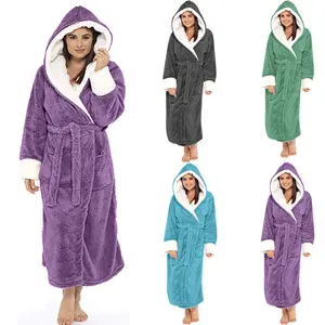 Hot Selling Women Fleece Hooded Bathrobe Plush Long Robe Girls Sleepwear Dressing Gown For Ladies