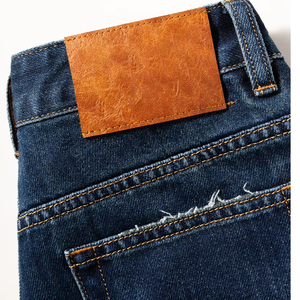 Jeans Anchos de <span class=keywords><strong>Mujer</strong></span> Huanqiu, Color Azul Oscuro, Lavado, con Dobladillo Bordado y Deshilachado, Cintura Alta - Product Image 4