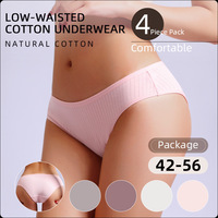 Braguitas Bikini de Algodón Puro Transpirables de Cintura Baja, Tallas Grandes, Estilo Europeo Americano, Color Liso, para Mujeres Jóvenes