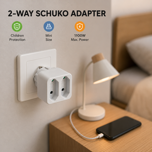 Adaptateur Schuko Mini Blanc 2 Voies, 2 <span class=keywords><strong>Prises</strong></span> Euro Type C 2.5A, Protection Enfant à Volet Vert, Max 1100W, Prise Compacte pour l'Allemagne - Product Image 1
