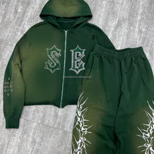 Conjunto Deportivo Unisex Holgado con Estampado, Sudadera con Capucha y Cremallera con Pedrería, Pantalones Deportivos, Conjunto Deportivo Grueso con Lavado Ácido para Hombre - Product Image 2