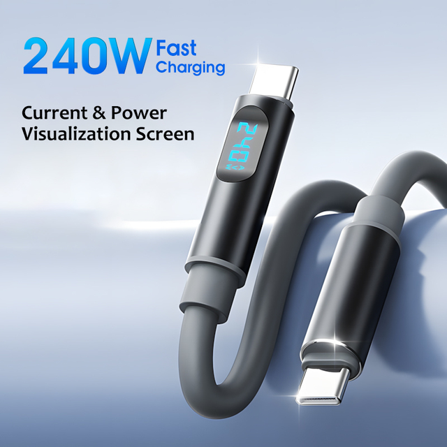 LED Digital Display USB C Cable 240W Fast Charge Data Transfer Silicone Type C to C Cable with E-marker Chip