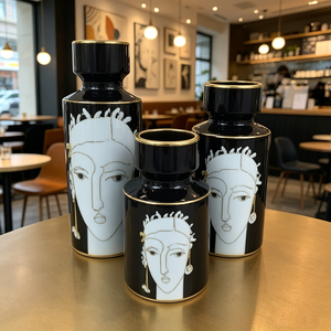 Vasi in Ceramica Nera <span class=keywords><strong>con</strong></span> Illustrazioni Artistiche di Volti Femminili e Finiture in Oro - Product Image 3