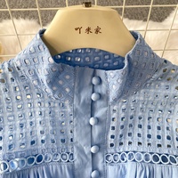 Vacances d'été pour femmes à simple boutonnage français doux vent bleu col découpé robes sans manches