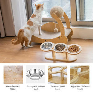 Wooden 3 In 1 Cat Bowl Stand Adjustable Slanted Feeding Station For Cats And Dogs Pet Dining <b>Table</b> With Stainless Steel Bowls - Product Image 4