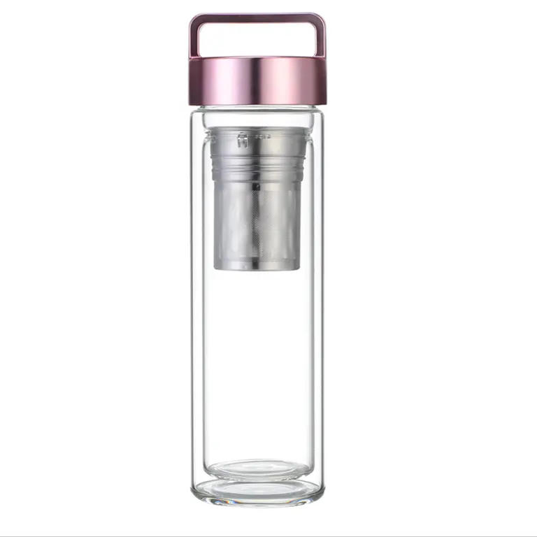 Transparenz High Boro silicate Drinking doppelwandige Glasflasche Glas Wasser flasche mit Edelstahl deckel