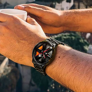 Reloj de cuarzo para hombre con diseño de llanta de coche, moda casual para comercio exterior, con caja redonda, esfera de cristal y cierre de hebilla. - Product Image 5