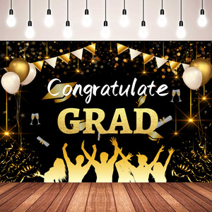 Graduation <b>Backdrop</b> Black <b>Gold</b> Congrats Grad Party Decoration Props Rectangle Digital Printing 4 Color Venue Setup - Product Image 1