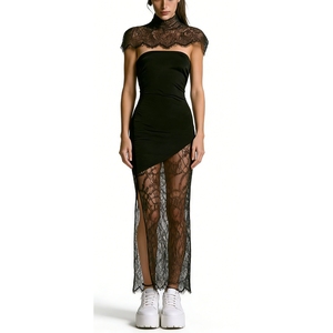 Robe longue de soirée asymétrique moulante noire en dentelle à col halter pour femme - Product Image 1