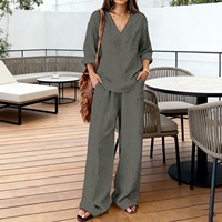 RO825-4 Vêtements islamiques d'automne, col en V, respirant, manches longues, pantalon ample, tenue modeste pour femmes, couleur bonbon, ensemble de 2 pièces décontracté