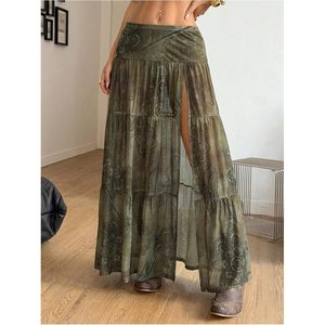 Jupe longue en mousseline fluide style western bohème pour femme FOXA, taille basse, fente haute, style cowgirl campagnard - Product Image 3