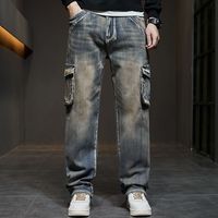 Celana Jeans Denim Longgar Ukuran Besar Multi Kantong Berkualitas Tinggi Khusus Pria, Model Baggy Fit