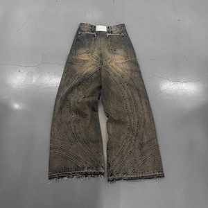 Pantalones Vaqueros de Mezclilla para Hombre al por Mayor, Vaqueros de Mezclilla Anchos de Alta Calidad con Bordado Intrincado, Acabado Desgastado y Rasgado - Product Image 1