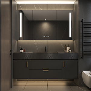 Mueble de baño gris europeo con espejo de panal, pantalla de hora, encimera gris y lavabo suspendido. - Product Image 1