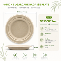 Plateau alimentaire rond en bagasse de canne à sucre de 6 pouces, biodégradable et compostable, pour plats et assiettes