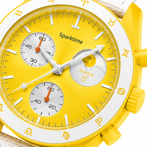 Montre sport de luxe Sparktime Taurus Zodiac, boîtier en plastique jaune 40 mm, cadran numérique, phase de lune, bracelet en nylon, unisexe, quartz, tendance - Product Image 1