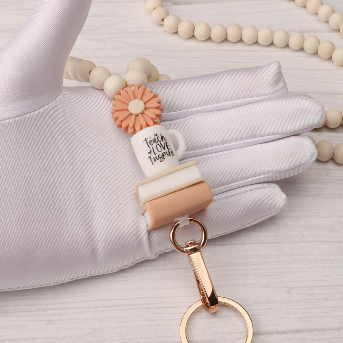 Personalized Silicone Beads Wooden Apple Shape Necklace Lanyard Keychain Beaded Lanyards for Students Teacher Gift Image 4