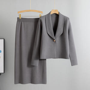 Ensemble deux pièces décontracté boutonné uni pour <span class=keywords><strong>femme</strong></span>, automne-hiver 2025, nouveau cardigan élégant, veste et jupe - Product Image 2