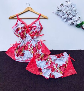 Women's Sexy Halter <strong>Shorts</strong> Suit Floral Print Deep V Lace Neck Pajamas Ice Silk <strong>Slip</strong> Nightwear Soft Suspender Nightgown Home Wear - Product Image 3