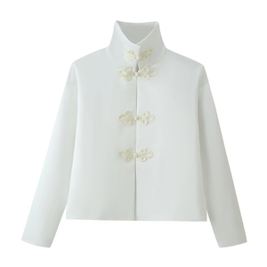 Chaqueta de Satén con Cuello Mandarín para Mujer, Diseño Personalizado 2026, Corte Holgado, Botones Tradicionales Tipo Rana, Estilo Chino, Chaqueta Vintage OEM/ODM - Product Image 1