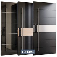 Porte en acier de haute qualité américaine, porte de sécurité extérieure noire avec incrustation en bois, portes pivotantes de luxe pour l'extérieur de la maison
