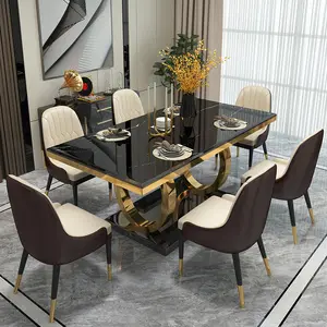 Conjunto de mesa de jantar, conjunto luxuoso, preto de mármore, pedra brocida, dourado, armação de aço inoxidável, restaurante, jantar, kit de mesa