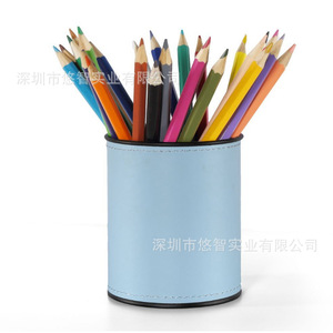 Portalápices redondo de cuero PU, caja de almacenamiento para escritorio de negocios, portalápices multifuncional, logotipo personalizable. - Product Image 2