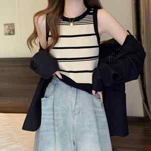 I-0580 New Arrival Women Vintage Tank <b>Top</b> Wholesale Short Casual Sweater Vest <b>Striped</b> Sleeveless <b>Crop</b> Knit Sweater Vest - Product Image 6