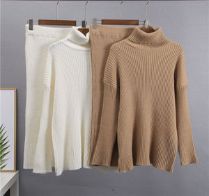 Logo personnalisé mode hiver pulls tricoté<span class=keywords><strong>s</strong></span> pull à col roulé tricots jupe mi-longue 2 pièces vêtements pour femmes - Product Image 6