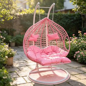 Sillón Colgante de Ratán con Dos Cojines, Toldo de Patio, Reposapiés de Lujo en Dorado, para Jardín Exterior - Product Image 3