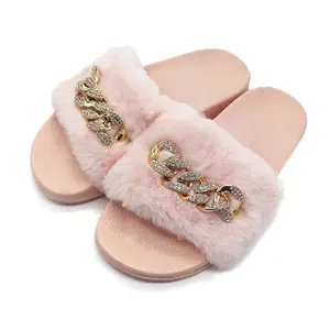 Cheap Indoor Chain Embellished Fake Rabbit Fur Slippers Casual Ladies Faux Fur Slide