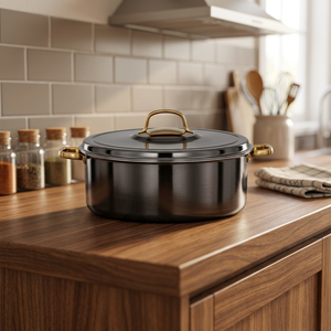 Casserole moderne en acier inoxydable avec couvercle, design rond, poignées en alliage de zinc - Product Image 5