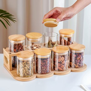 <b>Bamboo</b> Glass Spice Jar Set With Lid Airtight Storage <b>Container</b> For Kitchen Use 300Ml Capacity - Product Image 1