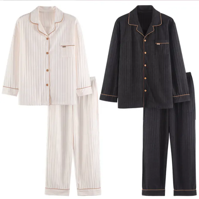 wholesale Knitted Cotton Couple pajamas women's spring autumn long-sleeved men's large size sleepwear home wear set