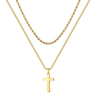 Collier à pendentif croix double couche à la mode pour hommes en acier inoxydable et titane avec chaînes cubaines en forme de serpent torsadé plaqué or