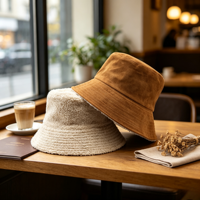 Op maat gemaakte vintage faux suède reversibele bucket hat met sherpa fleece, brede rand, koudebestendig, warm, OEM ODM bulk ski wintermuts outdoor