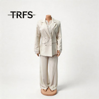 Costume deux pièces pour femme, blazer blanc à revers croisé, poignets en dentelle, taille ajustée, pantalon droit, élégant, pour le bureau et les affaires