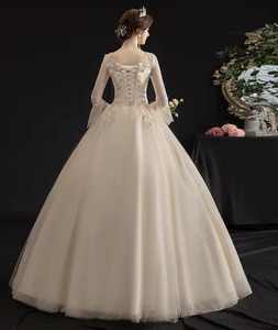 NDB10315 Abito da <span class=keywords><strong>Sposa</strong></span> Principale Nuovo Modello Lussuoso Qi Sottile Colore Champagne Retrò Maniche Lunghe Semplice per Bambina - Product Image 4