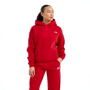 Custom Design Women's <b>Red</b> Hooded Fleece Sweatshirt Solid Color Casual Full Sleeve With Pockets Front Logo Autumn Wear - Product Image 1