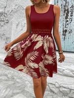 Robe mini évasée sans manches à imprimé tropical avec ceinture en dentelle pour l'été, la plage et les soirées