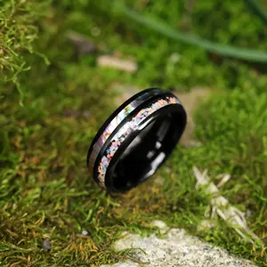 POYA 8mm Dual Channel Domed Wedding Band Black Tungsten Fire Opal Abalone Shell Inlay Ring For Men