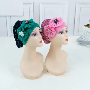 Mh-1065 bonne qualité Paillettes Dames Turban Chapeau Bandeaux Cheveux Accessoires Headwraps Musulman Fleur Turban Avec Diamants