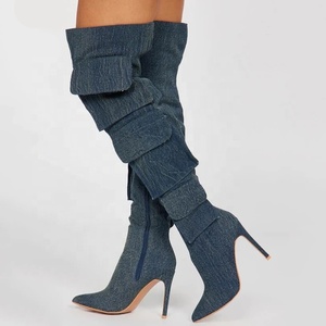 Silver Prints Women's Over Knee High Thin Heels Size 44 Pockets <b>Boots</b> Pointed Toe Camouflage Shoes Stiletto Denim Long Booties - Product Image 2