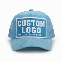 Casquettes de camionneur OEM personnalisées, tendance, 5 panneaux, haute qualité, bleu uni, visière incurvée, logo brodé 3D, maille, fermeture snapback, daim