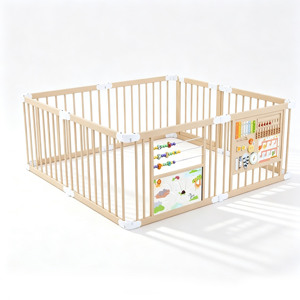 Parc de jeu pour bébé en bois moderne, taille réglable, avec panneaux éducatifs, clôture de sécurité portable pour utilisation en extérieur, montage facile pour enfants - Product Image 1