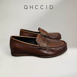 Mocasines Retro de Cuero Genuino Marrón para Hombre, Zapatos Casuales Sin Cordones, Tacón Bajo, Cómodos, Color Sólido, Diseño con Costuras - Product Image 4